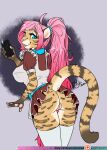  anthro bottomwear clothed clothing felid feline female genitals hair hi_res legwear leopardus mammal no_underwear ocelot pink_hair pussy raised_tail rika skirt stockings tifa upskirt 