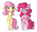  2021 absurd_res anthro anthrofied big_breasts blue_eyes breast_size_difference breasts duo embarrassed equid equine female fluttershy_(mlp) friendship_is_magic genitals hair hands_behind_back hands_on_hips hi_res horse looking_aside looking_at_viewer mammal my_little_pony narrowed_eyes nude pink_body pink_hair pink_tail pinkie_pie_(mlp) pony pussy short_stack small_breasts smile smirk standing tjpones wide_hips yellow_body 