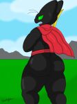  2020 anthro big_butt big_ears black_body black_fur bubble_butt butt cape cartoon_network clothing cloud convenient_censorship domestic_cat felid feline felis fur grass green_eyes green_sclera hi_res holding_object holding_sword holding_weapon male mammal mao_mao:_heroes_of_pure_heart melee_weapon mountain nude open_mouth outside plant rear_view sheriff_mao_mao_mao short_tail solo standing sword teeth thick_thighs tongue weapon whyra wide_hips 