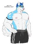  2021 4:5 abs anthro biceps blue_body blue_hair bottomwear canid canine canis claws clothing dialogue domestic_dog dream_and_nightmare eyewear fluke_the_husky glasses hair headgear headwear hi_res husky looking_at_viewer male mammal muscular muscular_anthro muscular_male nipples nordic_sled_dog pecs pink_nipples pink_nose shorts simple_background solo spitz tail_tuft text tuft 