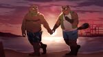  16:9 2021 anthro beach belly brown_body brown_fur canid canine clothing detailed_background duo fur hand_holding hi_res humanoid_hands kemono male male/male mammal moobs night outside overweight overweight_male park_kr raccoon_dog seaside swimwear tanuki ursid water widescreen 