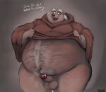  2021 anthro balls belly clothing dialogue disney erection friar_tuck genitals hair hairy humanoid_genitalia humanoid_hands humanoid_penis male mammal navel overweight overweight_male penis robe robin_hood_(disney) solo uniparasite ursid white_hair 
