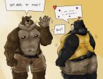  2021 2wuff anthro belly black_body black_fur bottomwear brown_body brown_fur bulge butt clothing dialogue duo english_text fur hi_res male male/male mammal nipples overweight overweight_male shirt shorts text topwear ursid 