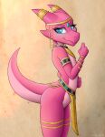  2020 anthro blue_eyes clothing digital_drawing_(artwork) digital_media_(artwork) egyptian_clothing evilymasterful eyebrows eyelashes female flat_chested iva_(evilymasterful) jewelry kobold legband looking_at_viewer pink_body pink_scales reptile scales scalie smile smiling_at_viewer solo thighband 