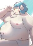  2021 anthro belly black_nose blue_hair blush canid canine canis clothing domestic_dog fur hair hi_res humanoid_hands kemono male mammal moobs navel nipples overweight overweight_male solo sv_grart underwear white_body white_fur 
