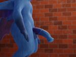  3d_(artwork) 4:3 animal_genitalia animal_penis anthro balls blender_(software) blue_body brick_wall daylight digital_media_(artwork) dragon equine_penis foxygrandpaa genitals gradient_penis hi_res male penis side_view solo t-pose wall_(structure) wings 