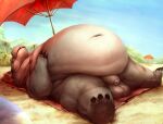  2021 alexalaz anthro balls beach belly big_belly common_hippopotamus detailed_background flaccid foreskin genitals hippopotamid humanoid_genitalia humanoid_penis lying male mammal navel obese obese_male outside overweight overweight_male penis seaside solo uncut 