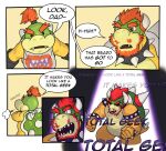  2021 anthro armband beard bodily_fluids bowser bowser_jr. bracelet breath child collar comic crossed_arms dama624 dialogue dot_eyes duo english_text eyebrows facial_hair father hair horn humor jewelry koopa looking_at_another male mario_bros neckerchief nintendo open_mouth parent ponytail scalie shell son spiked_armband spiked_bracelet spiked_collar spiked_shell spikes spikes_(anatomy) spotlight standing sweat text video_games young 