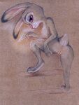  absurd_res anthro anus butt cigarette claws cleft_of_venus dipstick_ears disney female fuchs fur genitals grey_body grey_fur half-closed_eyes hi_res holding_cigarette judy_hopps lagomorph leporid looking_back mammal multicolored_ears narrowed_eyes one_leg_up presenting presenting_hindquarters purple_eyes pussy rabbit raised_leg scut_tail simple_background solo traditional_media_(artwork) zootopia 