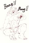  abs absurd_res anthro barrel_(live-a-hero) bulge canid canine canis clothing english_text finger_gun gesture heylaw21 hi_res live-a-hero male mammal muscular muscular_anthro muscular_male nipples one_eye_closed pecs solo text underwear video_games wink wolf 