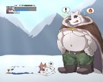 5:4 anthro belly canid canine canis cape clothing cold domestic_dog duo freezing gameplay_mechanics health_bar male mammal musclegut nullraihigi pecs shirtless snow 