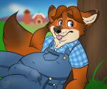  2016 6:5 anthro belly blush bodily_fluids bulge canid canine clothed clothing disney drooling erection erection_under_clothing fox genital_outline gideon_grey male mammal overalls penis_outline plant saliva shirt slightly_chubby solo tongue tongue_out topwear tree xeny zootopia 