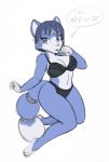  anthro black_bra black_clothing black_panties black_underwear blue_body blue_hair bra breasts canid canine cleavage clothed clothing curvy_figure dialogue female fox green_eyes hair krystal lingerie mammal nails navel nintendo omegasunburst panties simple_background solo speech_bubble star_fox thick_thighs underwear video_games white_background wide_hips 