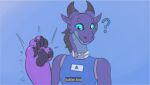  alphax10 anthro blue_eyes clothed clothing collar dragon english_text female purple_body solo text transformation 