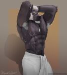  abs anthro armpit_hair body_hair canid canine canis hair hi_res looking_at_viewer male mammal muscular muscular_male nipple_piercing nipples piercing pose solo text towel towel_only url wolf xevier_gilbert 