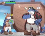  anthro blush canid canine canis domestic_dog duo fish gameplay_mechanics male male/male mammal marine musclegut muscular muscular_anthro muscular_male nullraihigi pirate shark 