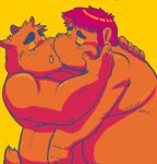 2021 anthro belly blush duo eyes_closed fatyogi hug humanoid_hands male male/male mammal overweight overweight_male simple_background suid suina sus_(pig) wild_boar yellow_background 