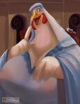  2021 anthro avian big_breasts bird breasts chicken cleavage clothed clothing digital_media_(artwork) digital_painting_(artwork) disney feathers female front_view galliform gallus_(genus) half-length_portrait hi_res lady_kluck nipple_outline phasianid portrait robin_hood_(disney) solo vikhop white_body white_feathers 