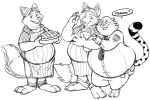  2019 anthro apron arley_dog belly benjamin_clawhauser bottomwear canid canine cheetah clothing dessert disney duo felid feline food fox gideon_grey hug humanoid_hands male male/male mammal monochrome necktie overweight overweight_male pants pie police_uniform shirt text topwear uniform zootopia 