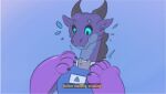  alphax10 anthro blue_eyes clothed clothing collar dragon english_text female purple_body solo text transformation 