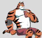  2021 anthro biceps bottomwear clothing cyanroll felid fur kemono male mammal overweight pantherine paws_(cyanroll) pecs simple_background solo tiger 