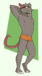  2021 anthro athletic athletic_anthro athletic_male border bottomwear buckteeth bulge claws clothing eyewear fur goggles green_background hands_behind_head hi_res hotpants jrjresq league_of_legends male mammal murid murine navel rat riot_games rodent shorts simple_background smile solo standing teeth tuft twitch_(lol) video_games white_border 