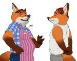  2020 5:4 anthro apron astrolyon biped blue_eyes bottomwear canid canine clothing disney fox gideon_grey humanoid_hands male mammal pants shirt simple_background slightly_chubby solo topwear white_background zootopia 