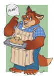  2016 anthro apron black_nose bottomwear canid canine clothing dessert dialogue disney food fox gideon_grey hi_res humanoid_hands male mammal overweight overweight_male pants pie rusbane shirt solo text topwear zootopia 