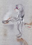  absurd_res anthro apron apron_only bodily_fluids canid canine clothing cooking cookware dipstick_ears disney drooling duo female fox frying_pan fuchs fur grey_body grey_fur hi_res judy_hopps kitchen_utensils lagomorph leporid licking licking_lips male mammal mostly_nude multicolored_ears nick_wilde purple_eyes rabbit saliva scut_tail simple_background smile tongue tongue_out tools traditional_media_(artwork) zootopia 