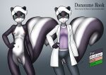  anthro big_tail black_body bottomwear breasts clothed clothing coat danaume danaume_rook english_text eyebrows eyewear eyewear_only female fluffy fluffy_tail genitals glasses glasses_only green_eyes hair hand_on_hip lab_coat looking_at_viewer mad_scientist mammal mephitid model_sheet multicolored_body navel nipples nude pants pussy shirt short_hair simple_background skunk small_breasts solo standing text topwear two_tone_body white_body white_hair 
