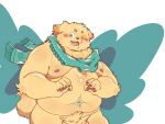  2021 4:3 anthro belly blush canid canine canis cu_sith_(tas) domestic_dog haoming hi_res humanoid_hands kemono male mammal moobs navel nipples one_eye_closed overweight overweight_male scarf solo tokyo_afterschool_summoners video_games wink 