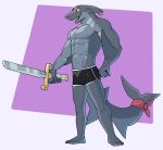  2021 abs anthro border bottomwear clothing dungeons_of_aether fin fin_piercing fin_ring fish furgonomics furry-specific_piercing gills hand_on_hip hi_res holding_object holding_sword holding_weapon hotpants jrjresq male marine melee_weapon muscular muscular_anthro muscular_male navel open_mouth open_smile pecs piercing purple_background shark shorts simple_background slade_(dungeons_of_aether) smile solo standing sword tail_wraps video_games weapon white_border wraps 