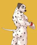  2021 anthro black_body black_fur black_spots butt canid canine canis clock dalmatian domestic_dog fur hi_res jrjresq looking_at_clock looking_at_watch male mammal muscular muscular_anthro muscular_male nipples nude orange_background pecs rear_view simple_background solo spots spotted_body spotted_fur standing watch white_body white_fur 