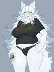  2021 3:4 5_fingers alcohol anthro baburusushi beverage beverage_can big_breasts black_nose breasts camel_toe canid canine character_request claws clothed clothing cute_fangs dipstick_ears female finger_claws fingers fox fur grey_body grey_fur grey_hair hair hi_res holding_object huge_breasts inner_ear_fluff kemono looking_at_viewer mammal multicolored_ears multicolored_hair open_mouth panties portrait shirt solo t-shirt three-quarter_portrait tongue topwear tuft underwear white_body white_fur white_hair yellow_eyes 
