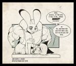  2019 anthro biceps big_muscles black_border border canid canine claws clothing dialogue dipstick_ears disney duo english_text female fox gettar82 huge_muscles humor hyper hyper_muscles judy_hopps lagomorph larger_female leporid long_ears male male/female mammal monochrome multicolored_ears muscular muscular_anthro muscular_female muscular_thighs nick_wilde pun rabbit shirt simple_background size_difference smile tank_top teeth text topwear zootopia 