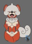  absurd_res anthro areola bodily_fluids breasts canid canine female fluffy fluffy_tail fur hair hair_over_eyes hi_res hisuian_growlithe mammal midnight_drawings neck_tuft nintendo nipples open_mouth pink_areola pink_nipples pok&eacute;mon pok&eacute;mon_(species) pokemon_legends_arceus red_body red_fur regional_form_(pok&eacute;mon) saliva simple_background slightly_chubby solo thick_thighs tongue tongue_out tuft video_games white_body white_fur white_hair wide_hips 