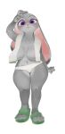 3_toes anthro areola areola_slip big_breasts bluedrg19 blush breasts clothed clothing curvy_figure disney feet female fingers footwear full-length_portrait fur grey_body grey_fur hand_on_head hi_res judy_hopps lagomorph leporid long_ears looking_at_viewer mammal navel panties portrait purple_eyes rabbit sandals simple_background solo standing thick_thighs toes topless towel underwear voluptuous white_background wide_hips zootopia 