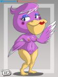  3:4 absurd_res animal_crossing anthro avian beak beakstick bird breasts digital_media_(artwork) feathers female furgonomics genitals hi_res jackintaro lipstick looking_at_viewer makeup nintendo nipples nude pelecaniform pelican phyllis_(animal_crossing) purple_body pussy simple_background solo video_games 