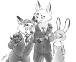  2017 anthro biped bottomwear canid canine clothing disney female fox gerardson gideon_grey group hug judy_hopps lagomorph leporid male mammal monochrome necktie nick_wilde pants paws rabbit shirt simple_background suit topwear white_background zootopia 