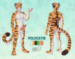  5_fingers 5_toes anthro biped black_claws claws feet felid feline fingers fur green_eyes hi_res looking_at_viewer male mammal model_sheet nipples nude pantherine pawpads pink_pawpads smile solo standing striped_body striped_fur striped_tail stripes tiger toes vallhund 