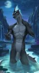  5_fingers anthro bioluminescence biped claws countershade_torso countershading fin fingers flaccid foreskin genitals glowing grey_body head_fin hi_res humanoid_genitalia humanoid_penis inviting lynncore male moon navel night nude outside penis reptile scalie solo uncut water waterfall 