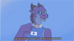  alphax10 anthro blue_eyes clothed clothing collar dragon english_text female purple_body solo text 