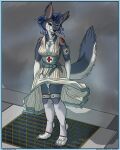  4:5 absurd_res anthro blue_hair bottomwear breasts canid canine canis clothed clothing ear_piercing eyewear female fleety_(artist) fleety_(character) glasses hair herm_(lore) hi_res legwear looking_at_viewer lupinossai mammal medical_instrument nurse nurse_clothing nurse_uniform pendant piercing raised_bottomwear raised_clothing raised_skirt red_eyes scar scientific_instrument sidewalk skirt solo stethoscope stockings tattoo underwear uniform upskirt vent wolf 
