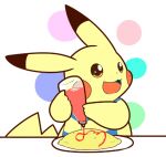  2018 ambiguous_gender apron clothing dipstick_ears food happy ketchup multicolored_ears nintendo open_mouth open_smile pikachu pok&eacute;mon pok&eacute;mon_(species) smile solo tatu_wani_(artist) tongue video_games yellow_body 