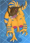  2021 anthro bandai_namco big_breasts breasts claws digimon digimon_(species) dinosaur female greymon hi_res high-angle_view meatboom nipples non-mammal_breasts non-mammal_nipples nude orange_body reptile scalie sharp_teeth solo stripes teeth walking wide_hips 