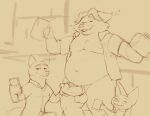  2017 alcohol anthro balls beer belly beverage bitnarukami canid canine disney erection eyes_closed finnick fox genitals gideon_grey group humanoid_genitalia humanoid_penis male male/male mammal moobs navel nick_wilde nipples overweight overweight_male penis sketch zootopia 