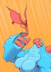  2021 anthro blowing blue_body breasts chiropteran conditional_dnp duo empty_eyes featureless_breasts female fur jollyjack kaiju mammal muscular muscular_anthro muscular_arms muscular_female orange_background pink_body red_body red_fur simple_background white_eyes 