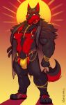  absurd_res anthro black_body black_fur bulge canid canine canis chain chaps clothing collar footwear fur hi_res male mammal marlon.cores muscular muscular_anthro muscular_male nipples pecs pubes red_body red_fur shoes solo standing toeless_footwear toeless_shoes wolf 