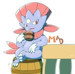  2018 3_toes ambiguous_gender barrel beverage claws cup english_text feet furniture nintendo open_mouth pok&eacute;mon pok&eacute;mon_(species) red_eyes simple_background sitting solo table tatu_wani_(artist) text toe_claws toes video_games weavile white_background 