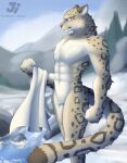  2021 abs anthro black_spots creek day detailed_background digital_media_(artwork) felid fist flaccid fur genitals grey_body grey_fur hi_res jishinu male mammal mountain muscular muscular_anthro muscular_male nude outside pantherine penis sky snow snow_leopard solo spots spotted_body spotted_fur standing towel water 